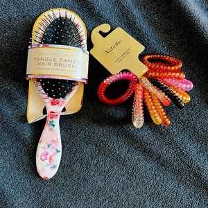 Tangle tamer hair brush and telephone cord ponytails